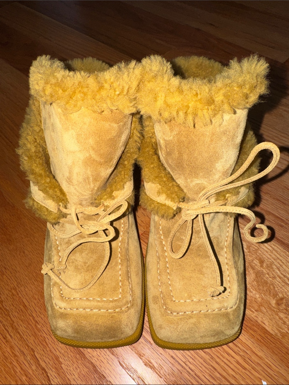 Burberry Mustard Suede Shearling-Trim Lace-Up Mules